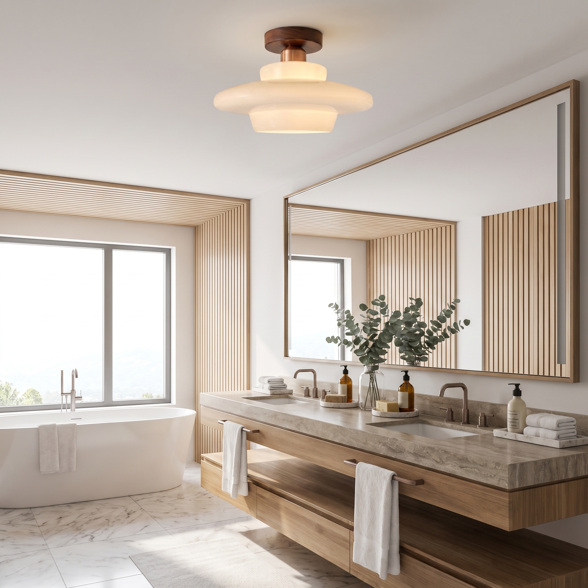 Walnut and glass saucer ceiling lamp in a bright bathroom