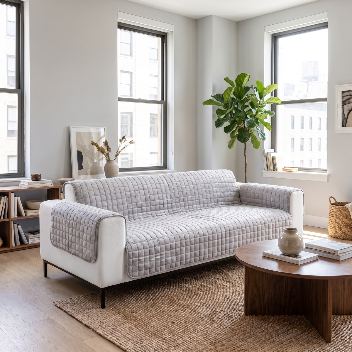Morbido Abbraccio Quilted Sofa Cover - Gray - 2 seat sofa side angle in modern apartment
