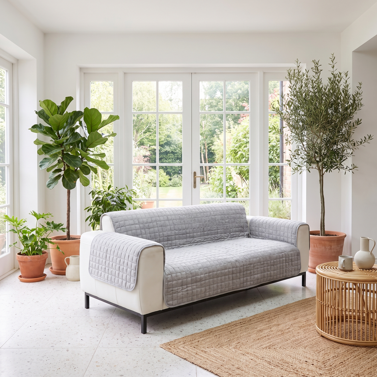 Morbido Abbraccio Quilted Sofa Cover - Gray - 2 seat sofa in plant-filled morning lounge