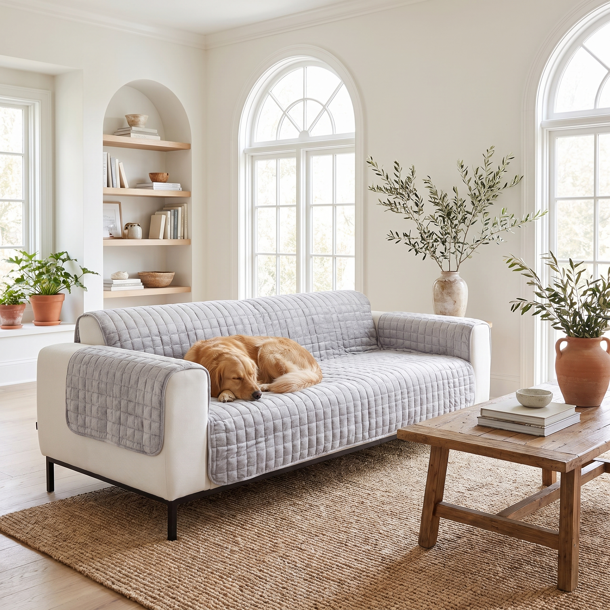 Morbido Abbraccio Quilted Sofa Cover - Gray - 3 seat sofa with dog resting in family room