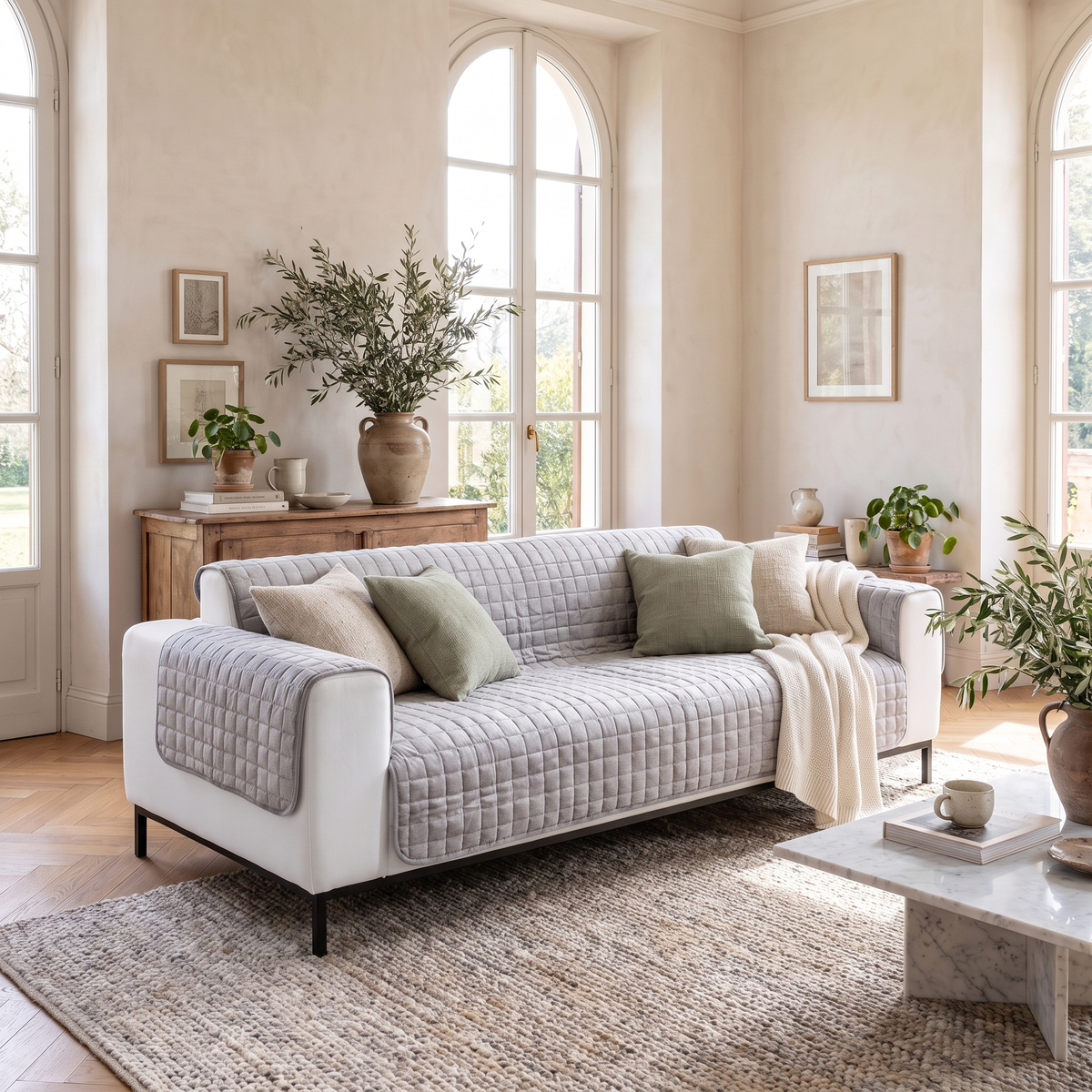 Morbido Abbraccio Quilted Sofa Cover - Gray - 3 seat sofa with throw pillows and blanket