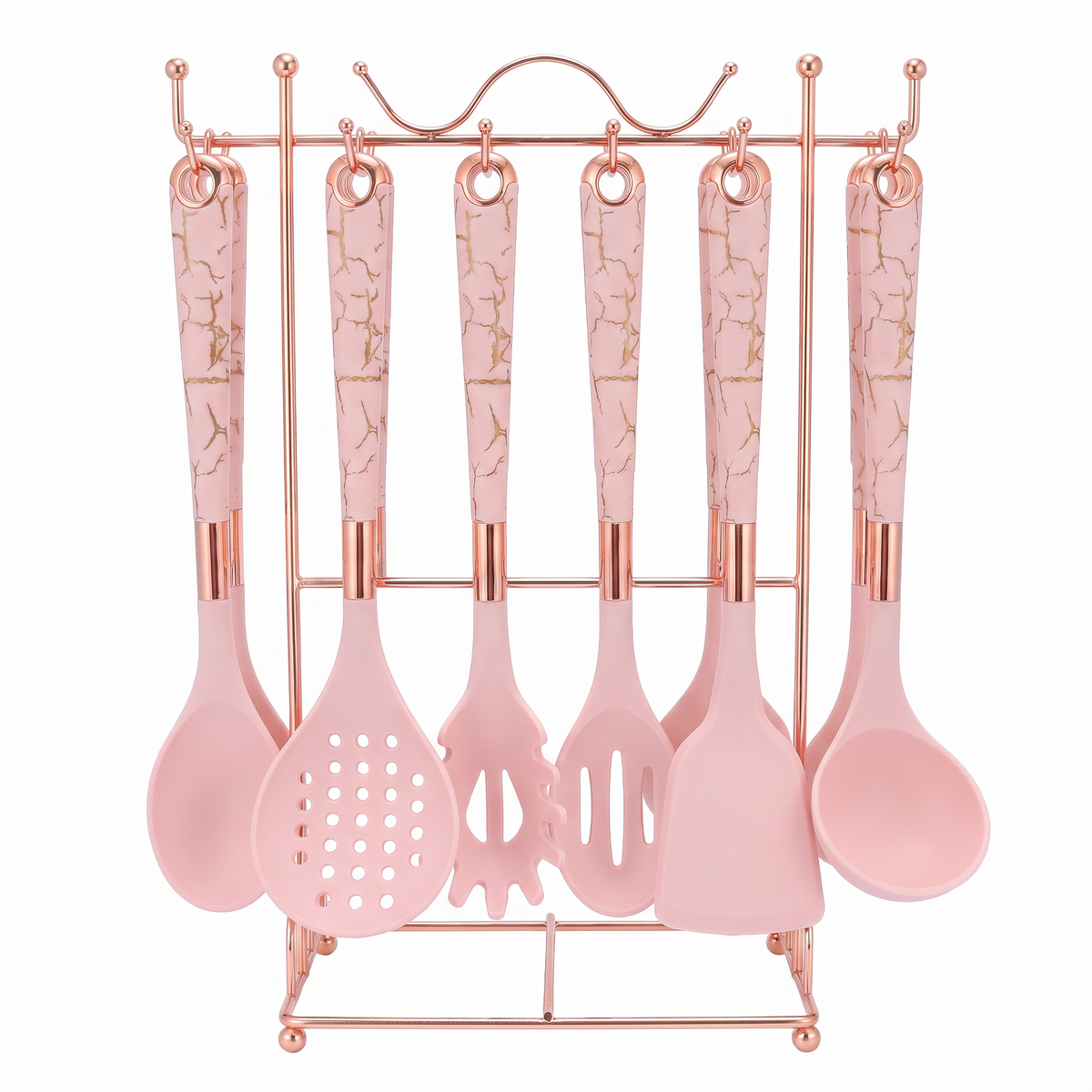 Marmo 7-piece utensil set in Blush Pink crackle marble with rose-gold stand on white background