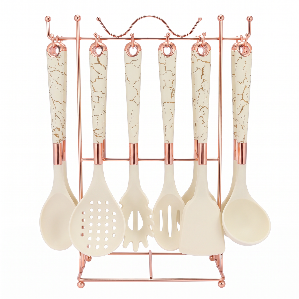 Marmo 7-piece utensil set in Cream White crackle marble with rose-gold stand on white background