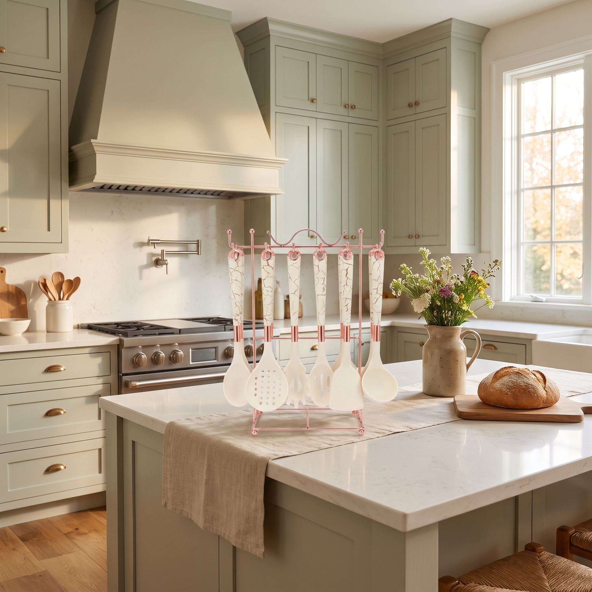 Cream white Marmo utensil set on its rose-gold stand in a sunlit sage-green farmhouse kitchen