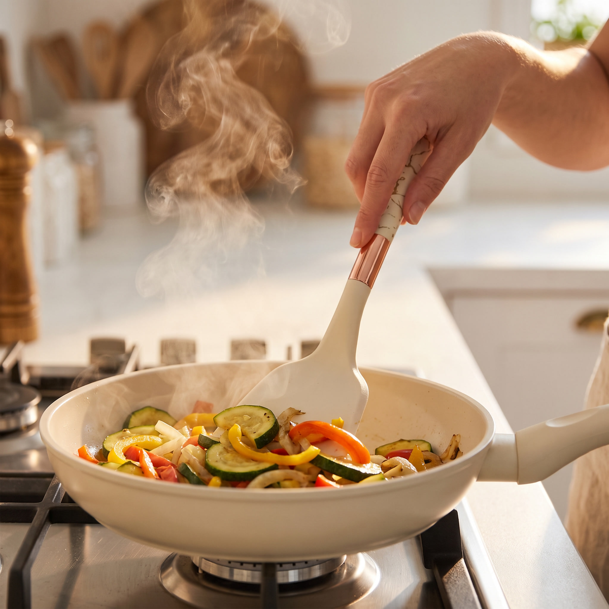 Cooking with the cream Marmo turner over a pan of sautéed vegetables