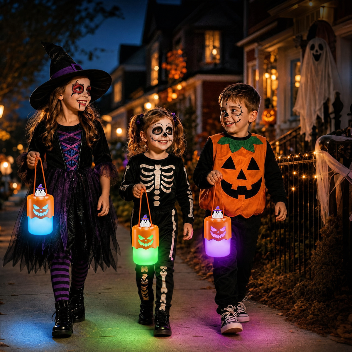 Children trick-or-treating with glowing pumpkin lanterns in blue, green and purple