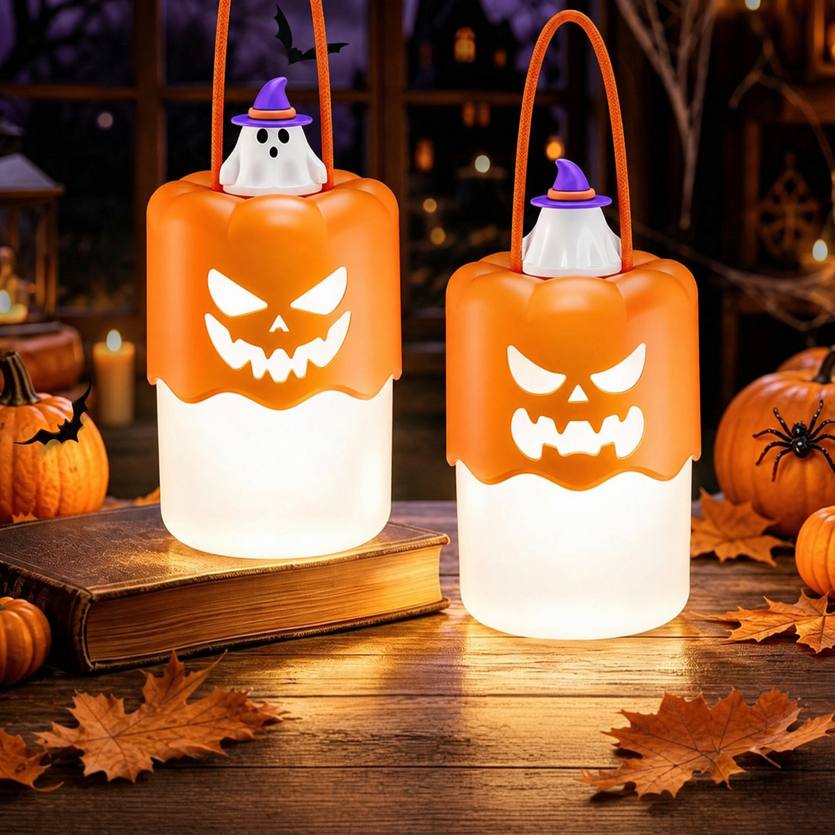 Two light up jack o lantern lanterns on an old book with autumn leaves