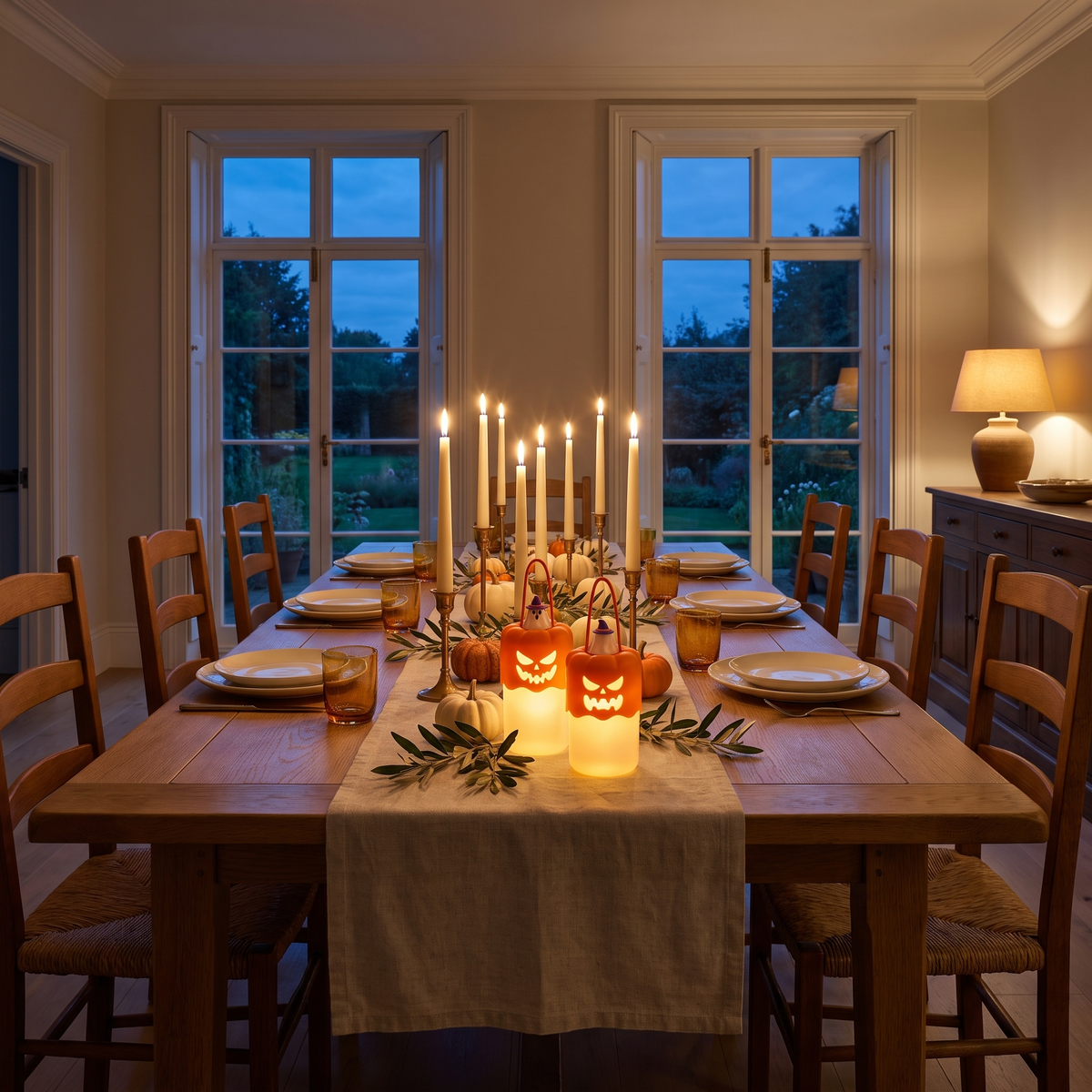 Halloween pumpkin lanterns glowing as a dining table centerpiece at twilight