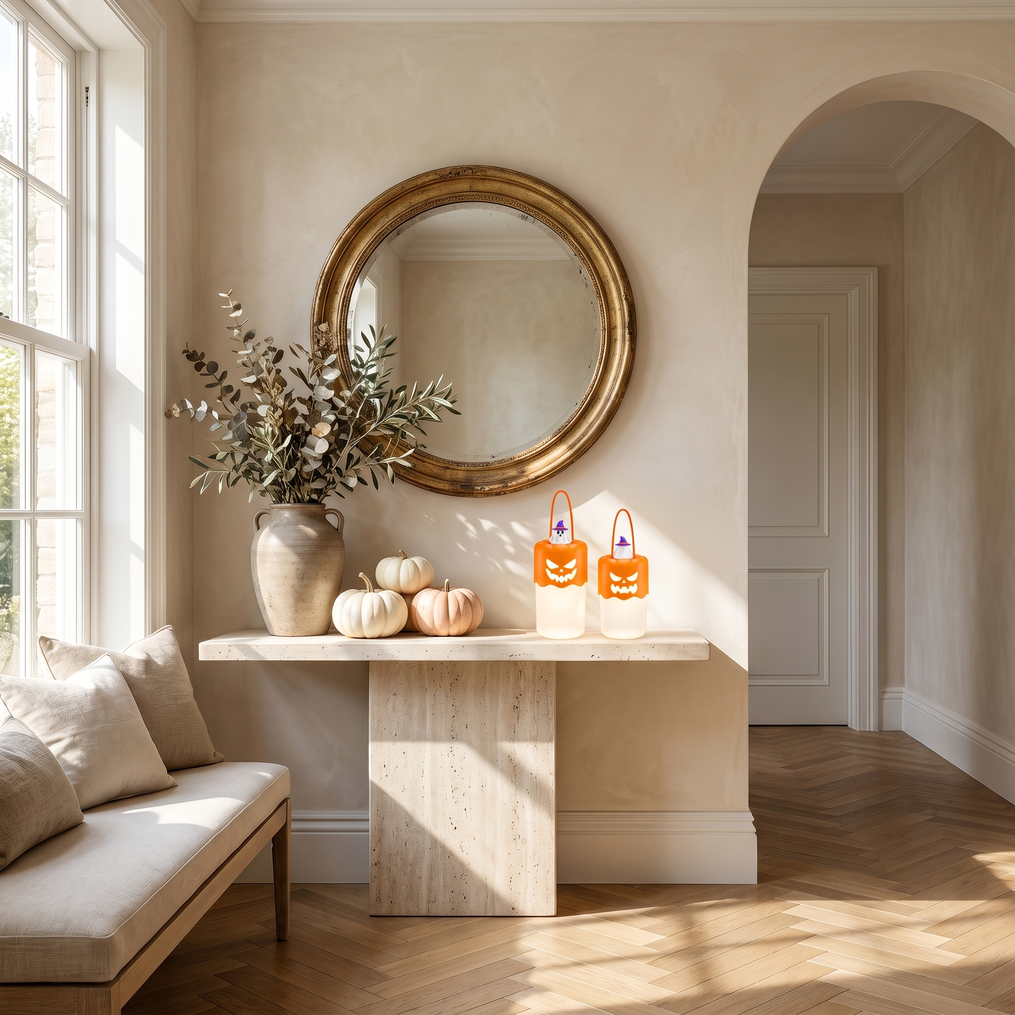 Notte Incantata pumpkin lantern pair glowing on a travertine console in a bright autumn entryway