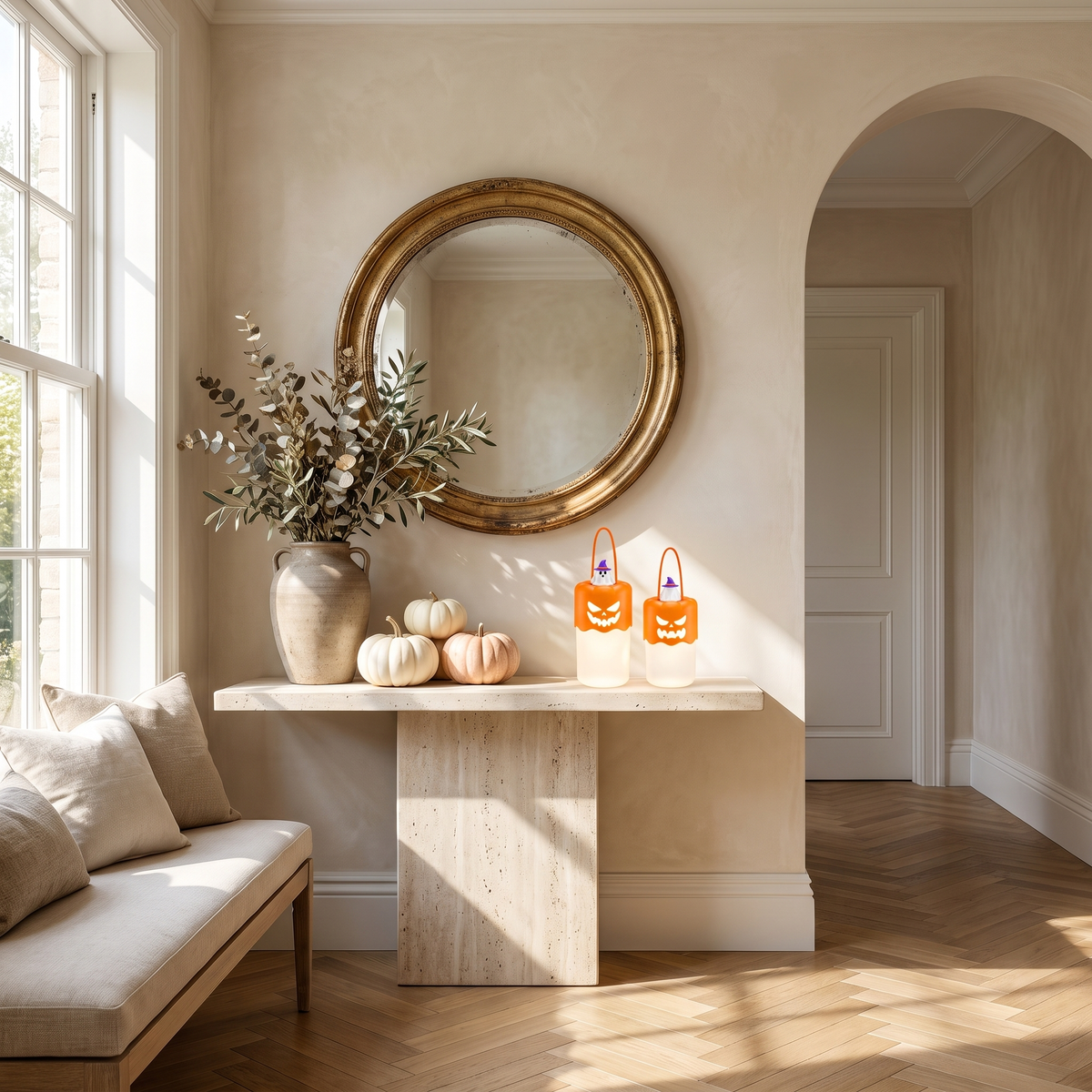 Notte Incantata pumpkin lantern pair glowing on a travertine console in a bright autumn entryway