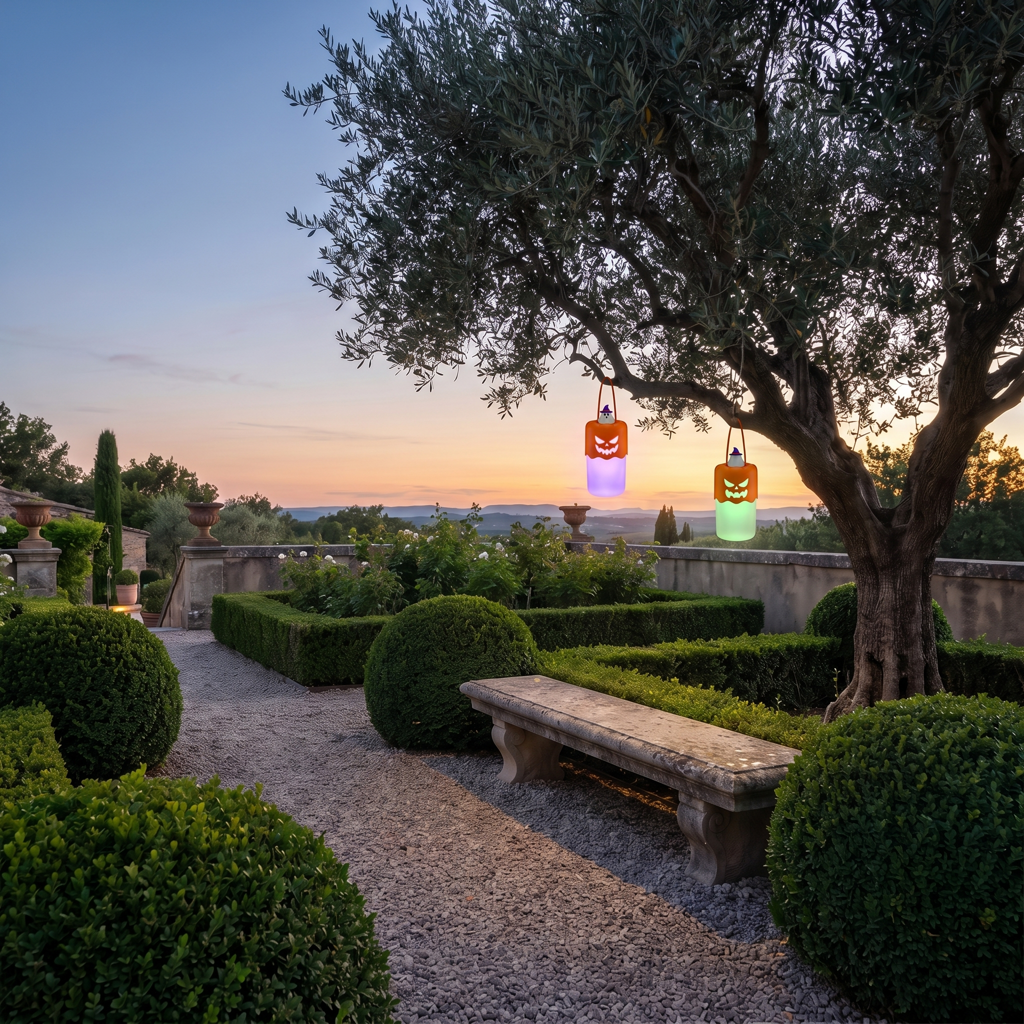 Pumpkin lanterns hanging from an olive tree glowing purple and green in a garden at dusk