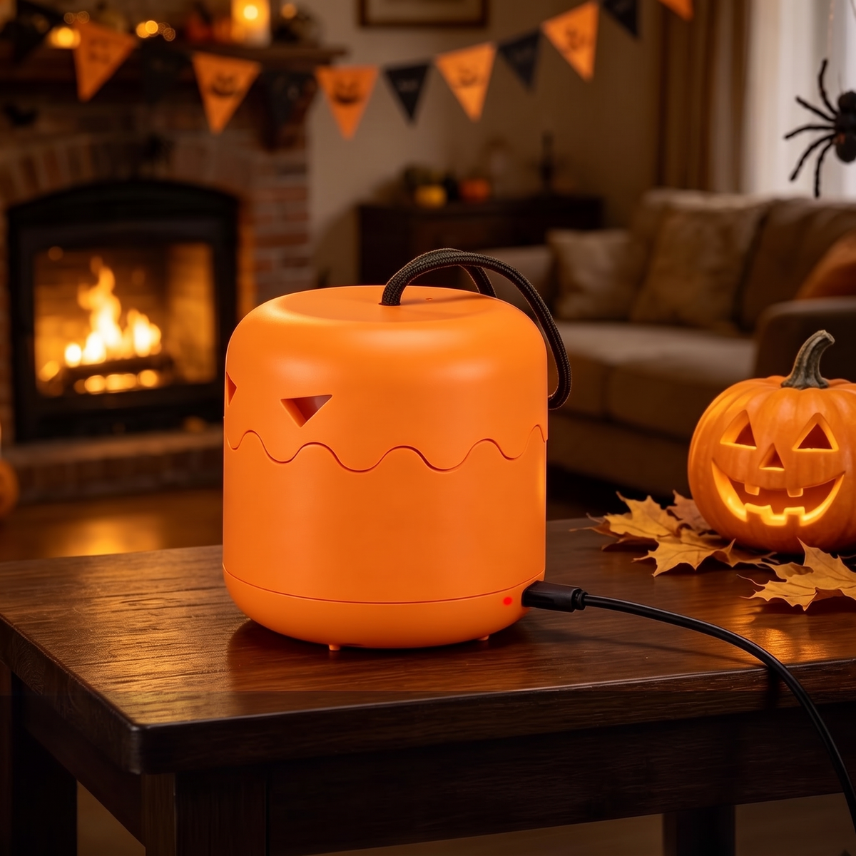 Collapsible pumpkin lantern charging on a side table by the fireplace