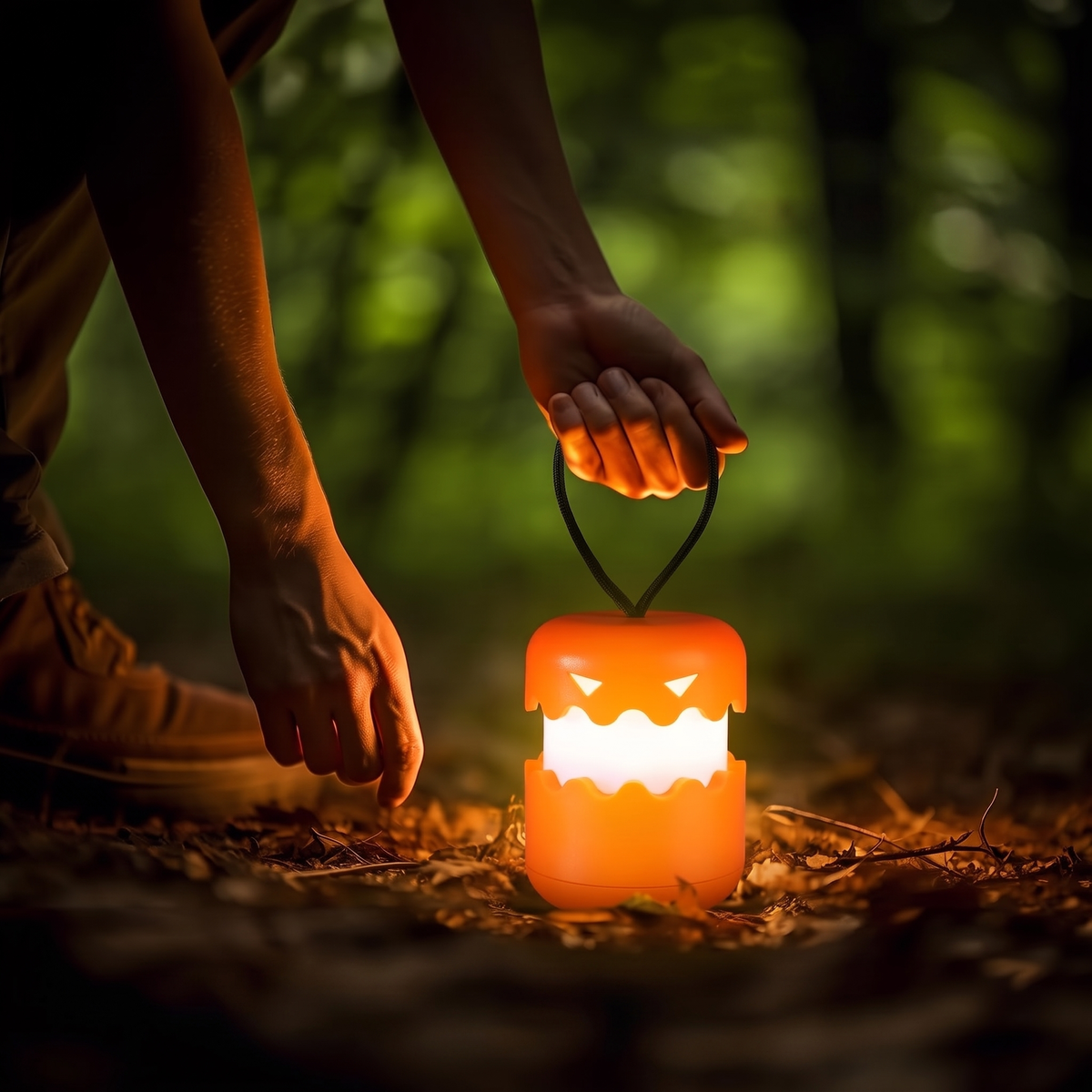 Hand lifting a glowing pumpkin lantern by its cord in a garden at dusk