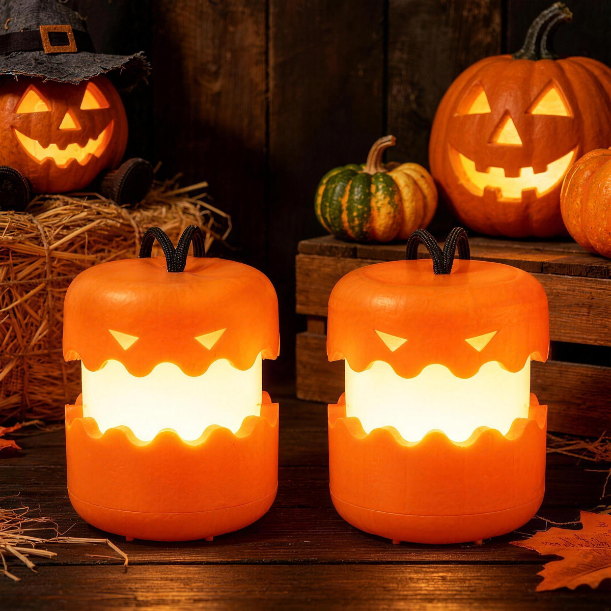 Two glowing pumpkin lanterns on a rustic crate with carved pumpkins