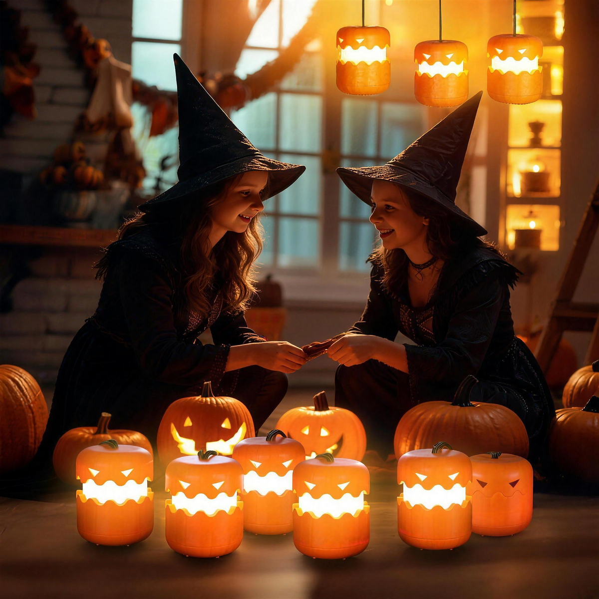 Two little witches playing with glowing pumpkin lanterns