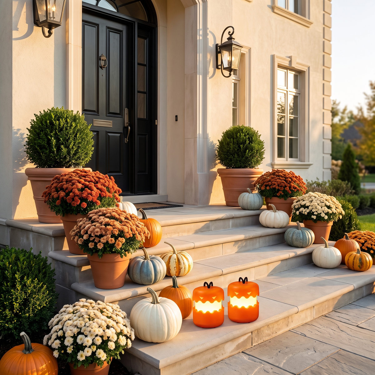 Two glowing pumpkin lanterns on front steps with mums and heirloom pumpkins at golden hour