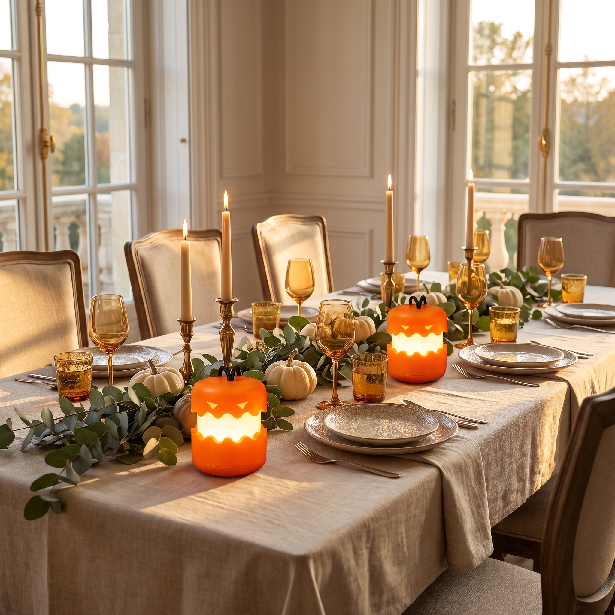 Light up pumpkin lanterns on an autumn dinner party table