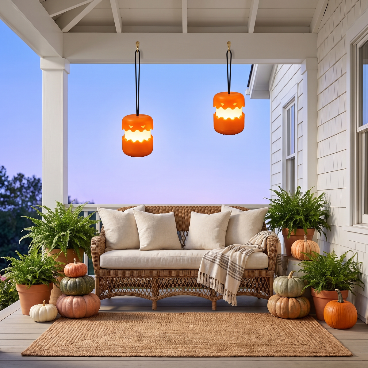 Rechargeable jack o lantern lights hanging from a white porch beam at dusk
