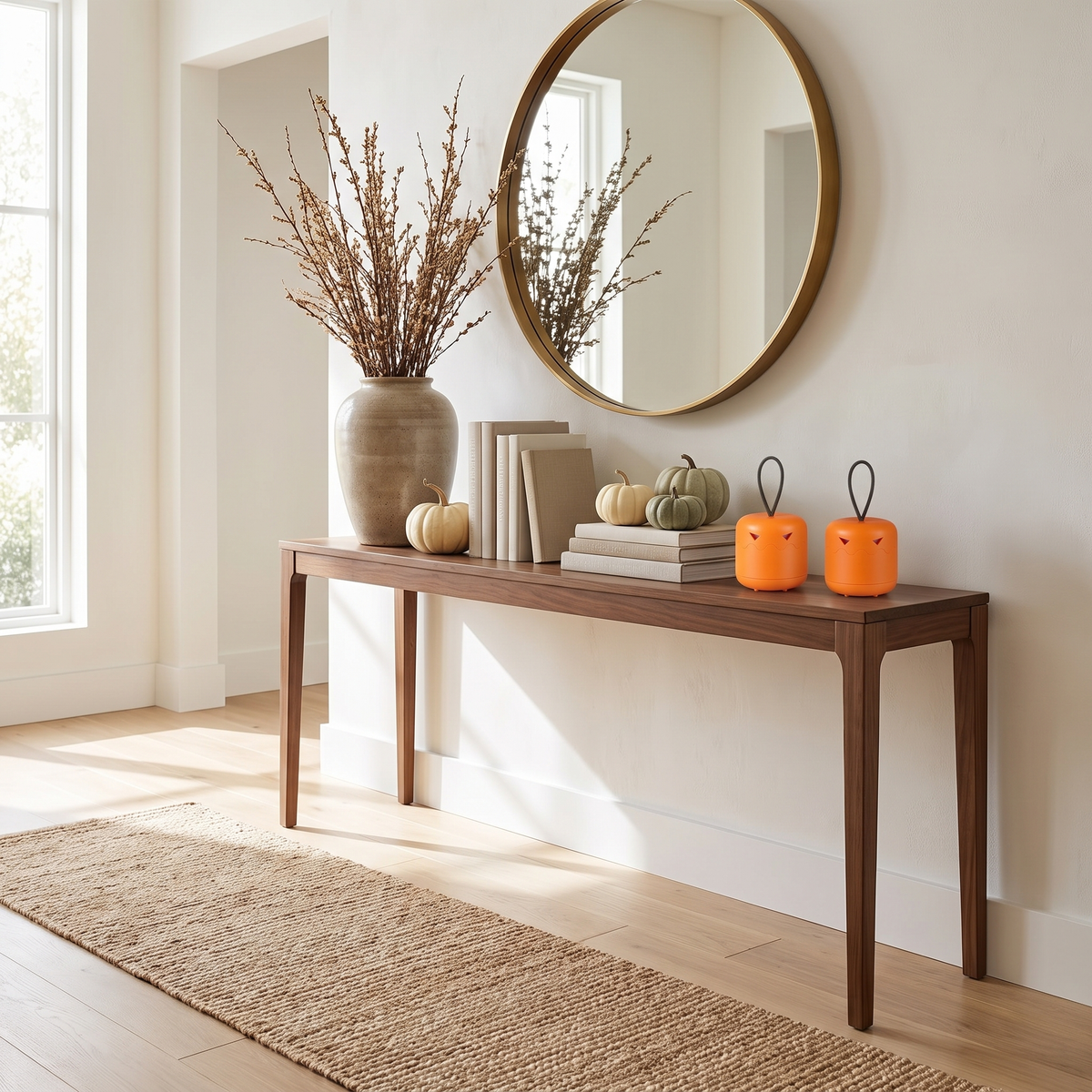 Pair of orange pumpkin lanterns on a walnut console in a bright entryway