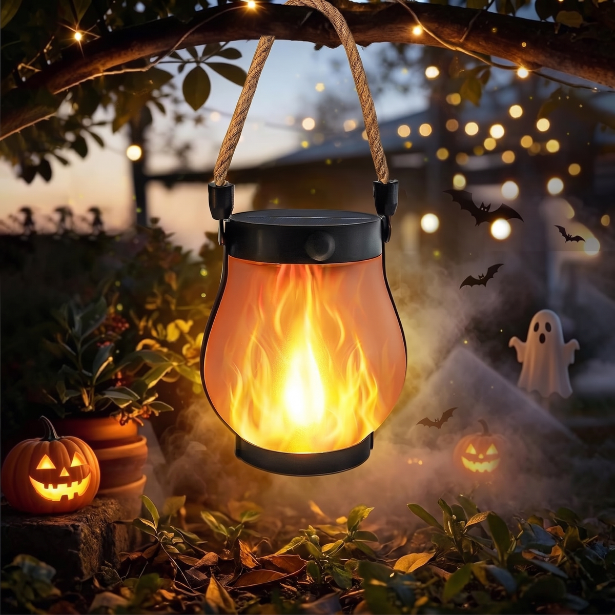 Orange flame lantern hanging from a branch in a Halloween garden
