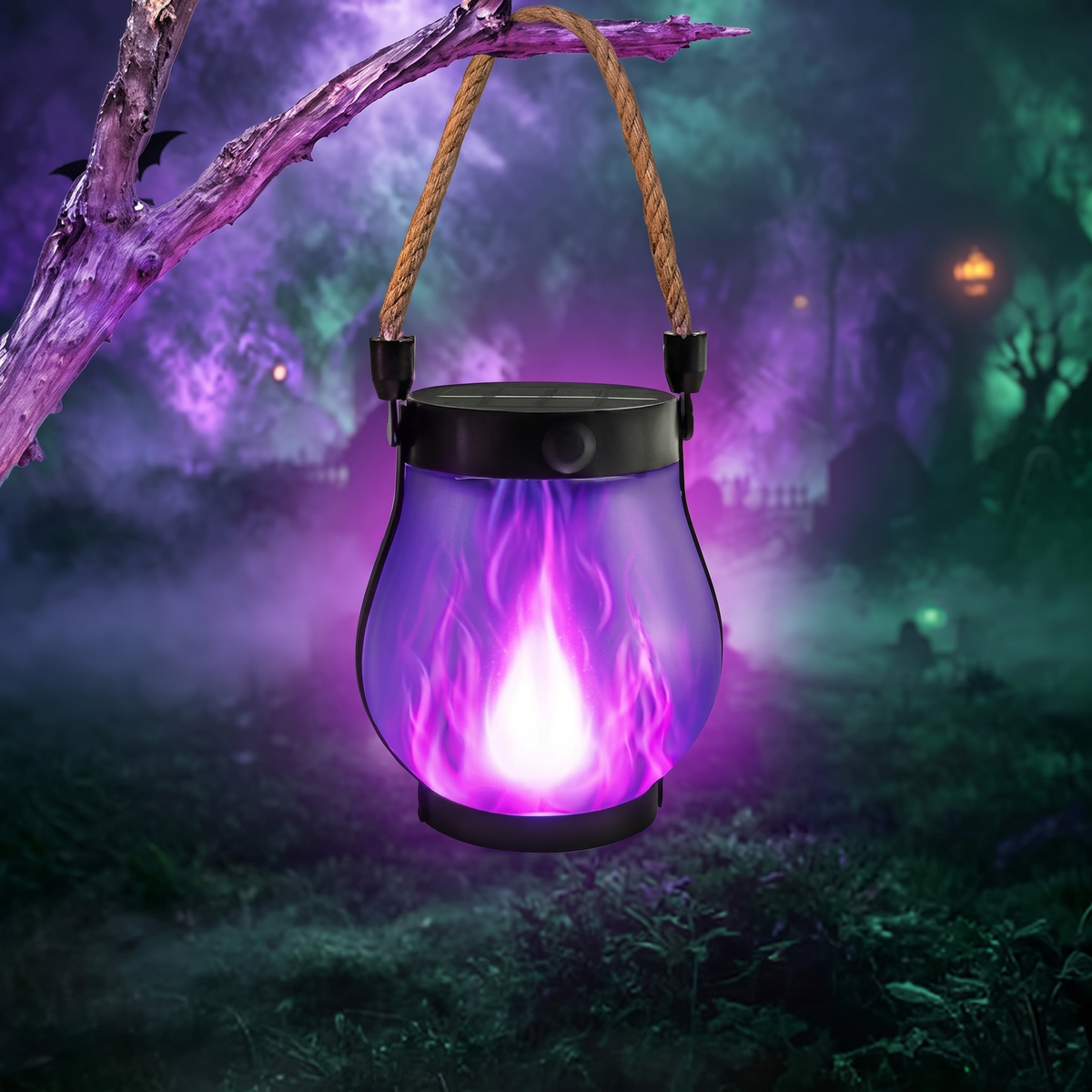 Purple flame solar lantern hanging from a branch in a misty garden