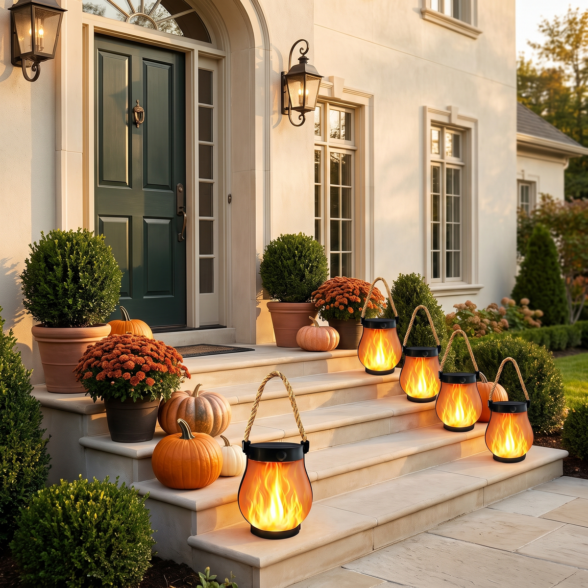 Flame solar lanterns lining the front steps with mums and pumpkins at golden hour