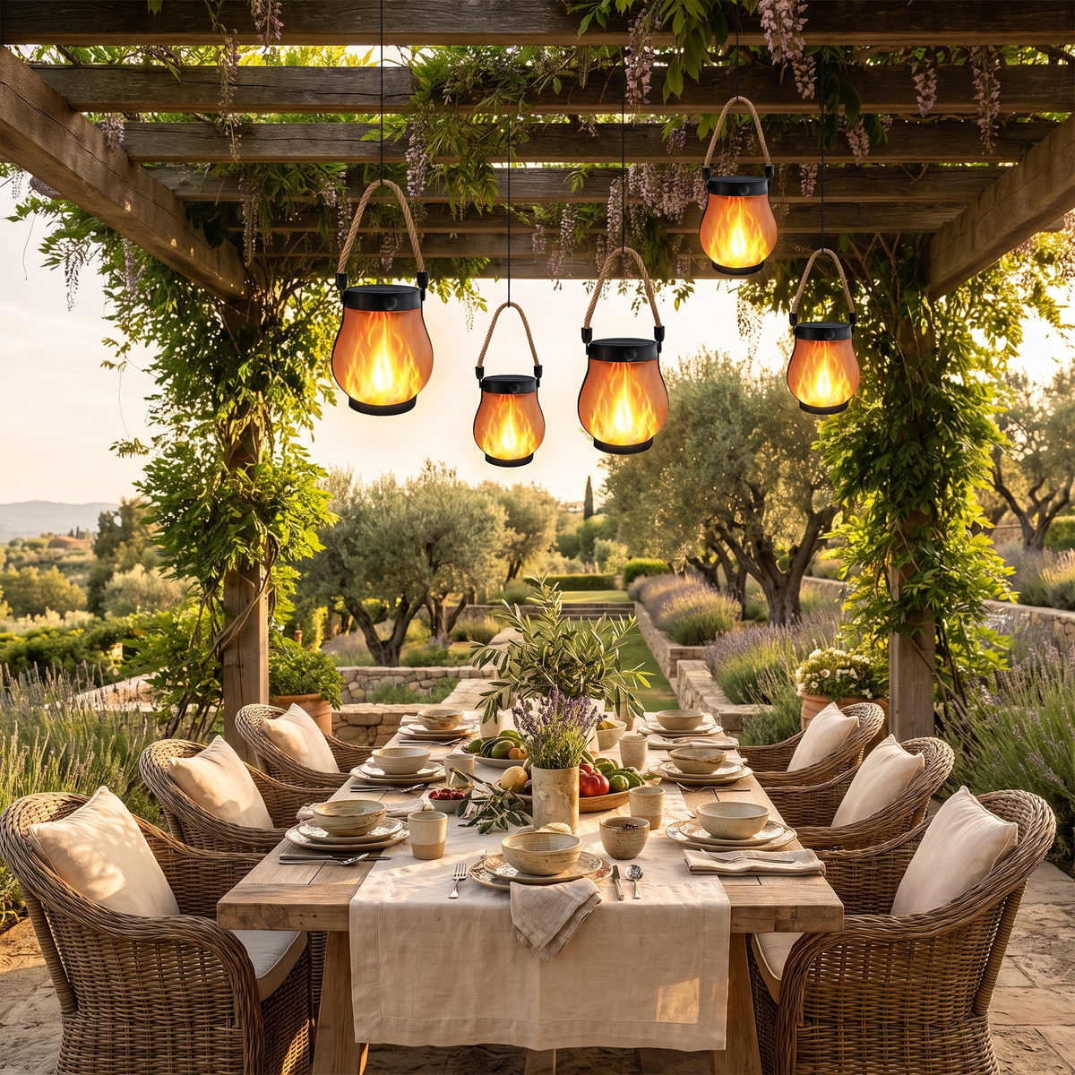Orange flickering flame solar lanterns hanging from a vine pergola over an outdoor dining table