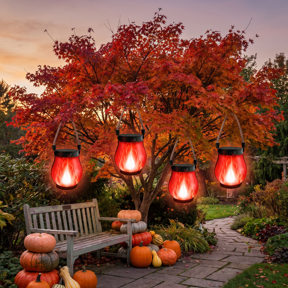 Red flame solar lanterns hanging from a Japanese maple in an autumn garden at dusk