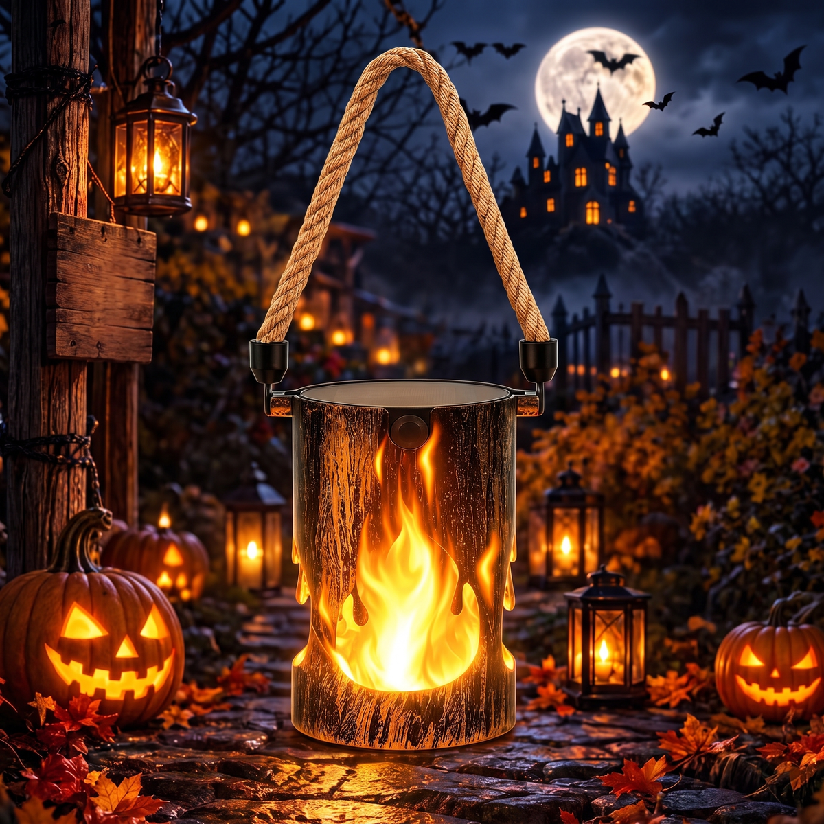 Rope-handled flame lantern in a Halloween street with jack-o-lanterns