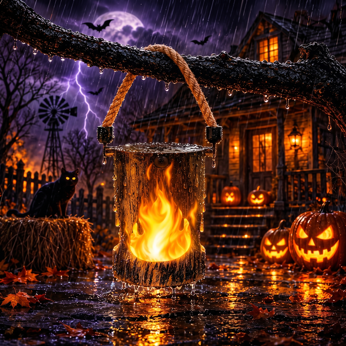 Waterproof flame lantern hanging from a branch in the rain