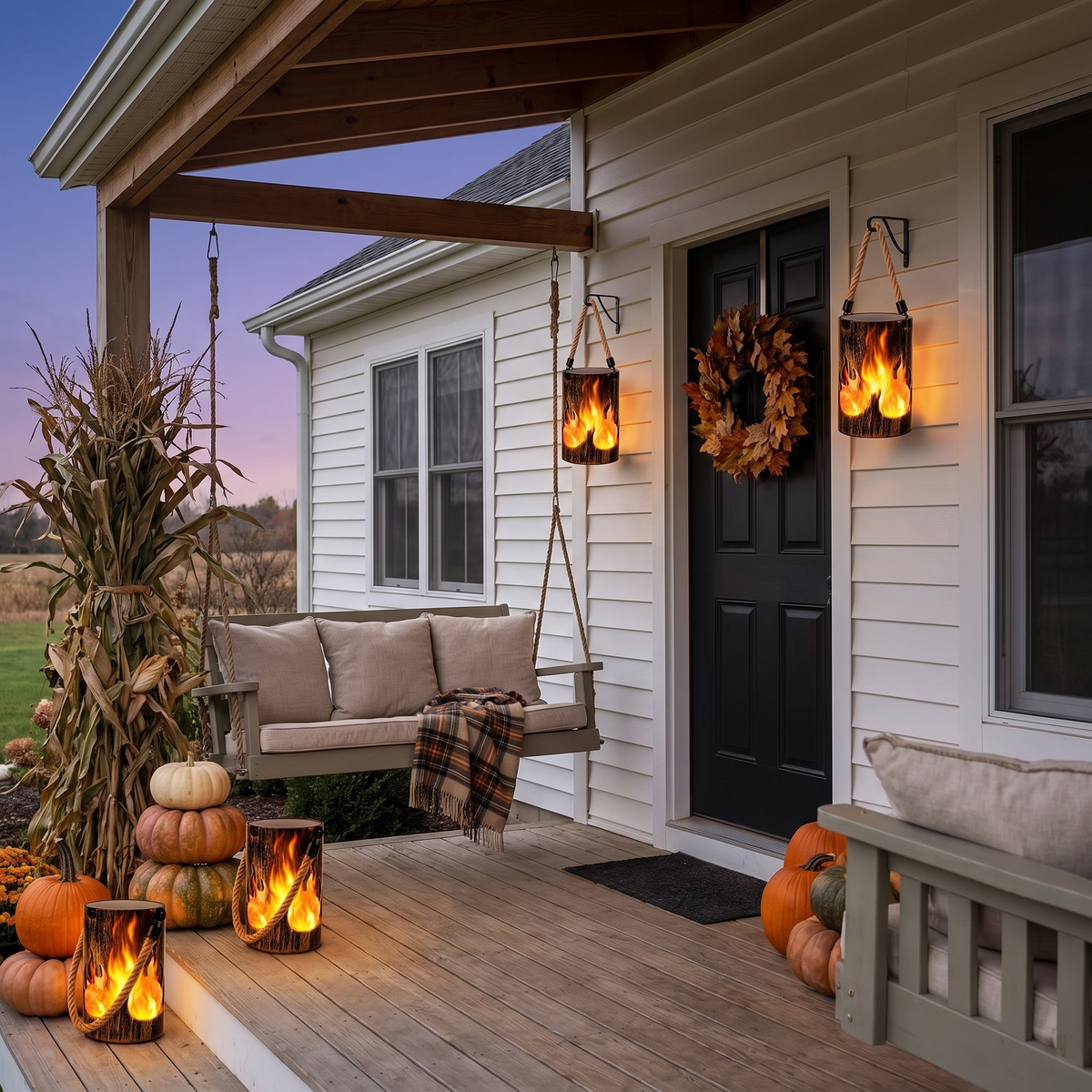 Flame lanterns hanging by the front door and on a farmhouse porch at dusk