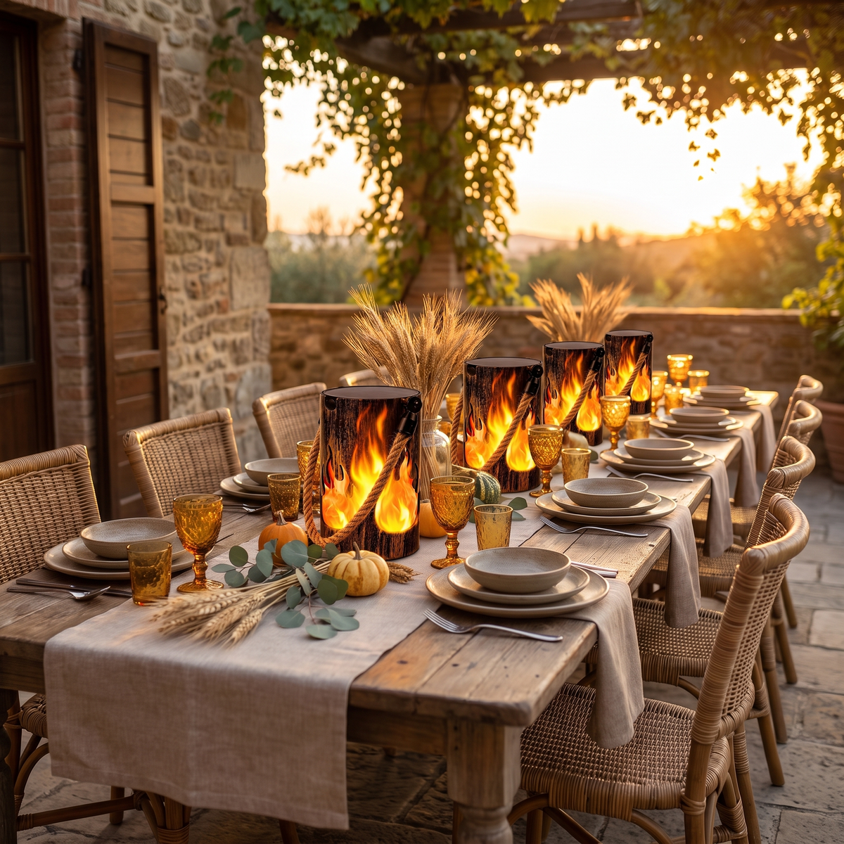 Rustic flame lanterns as a centerpiece on an outdoor harvest dinner table