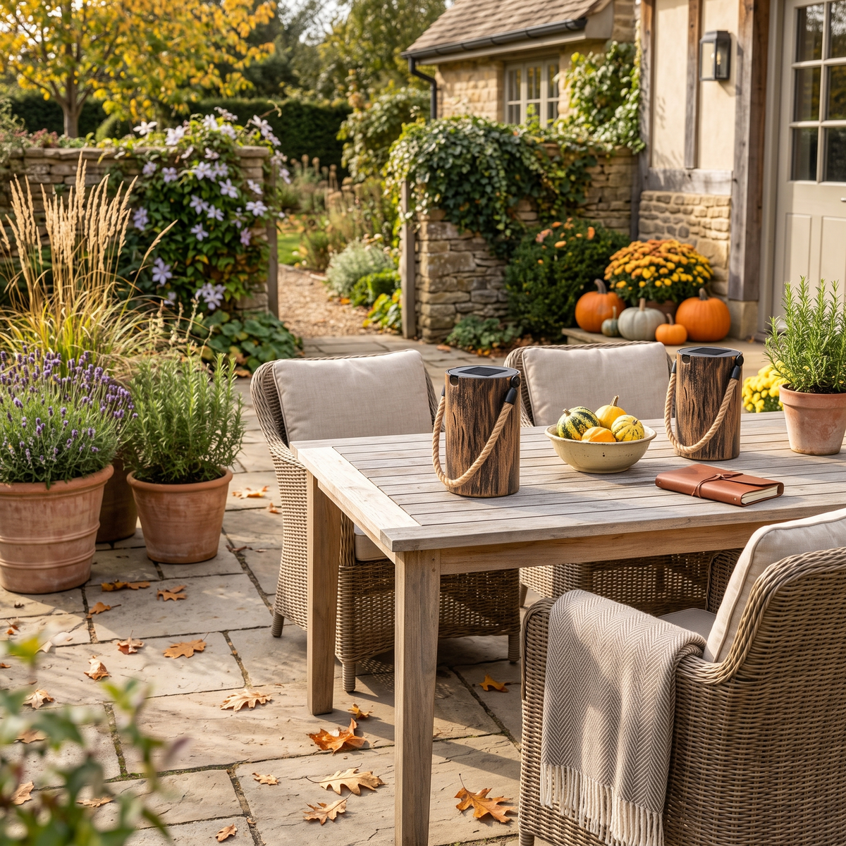 Two bark-print solar lanterns charging on a sunny garden patio table