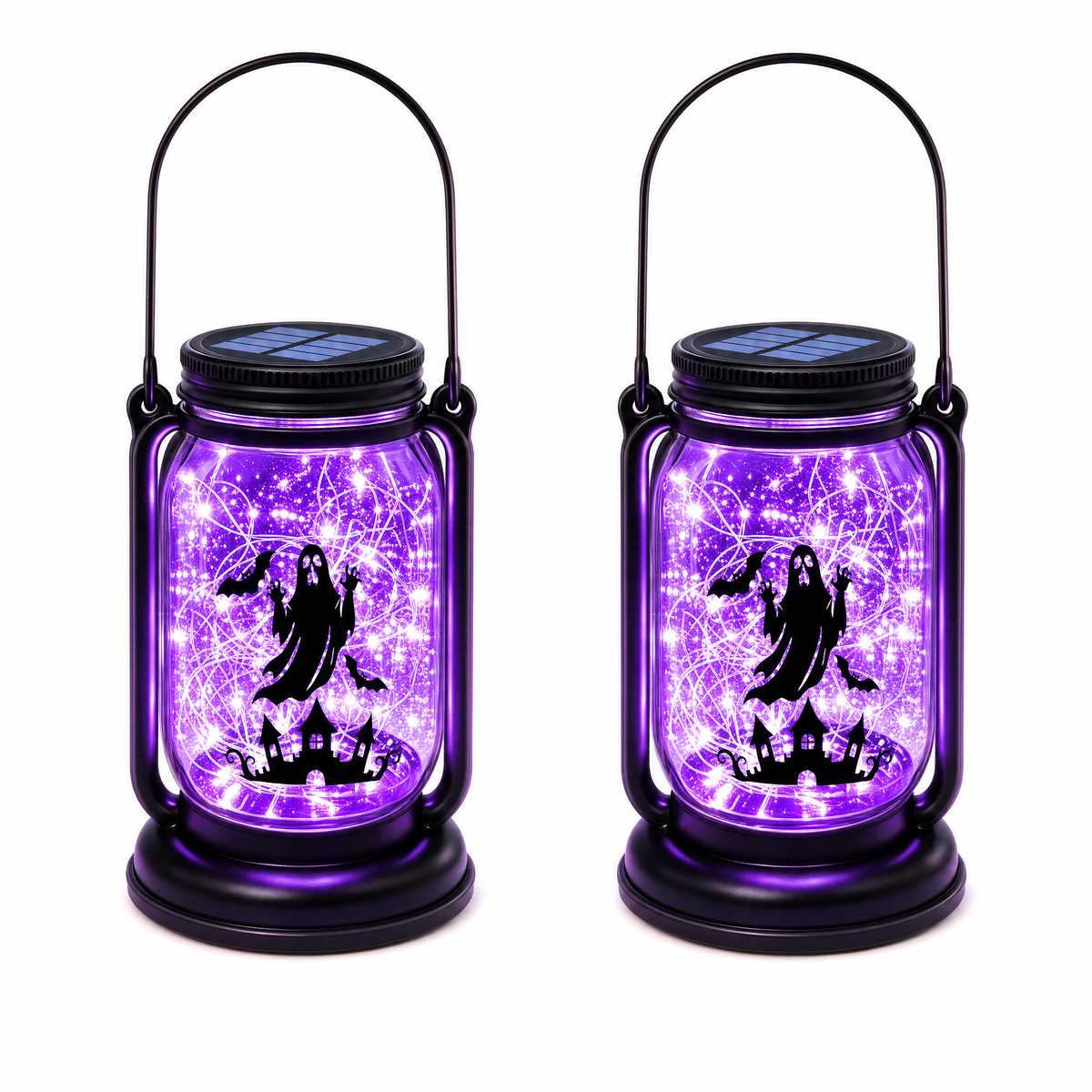 Fiaba Notturna Ghost solar mason jar lanterns, set of 2, on white