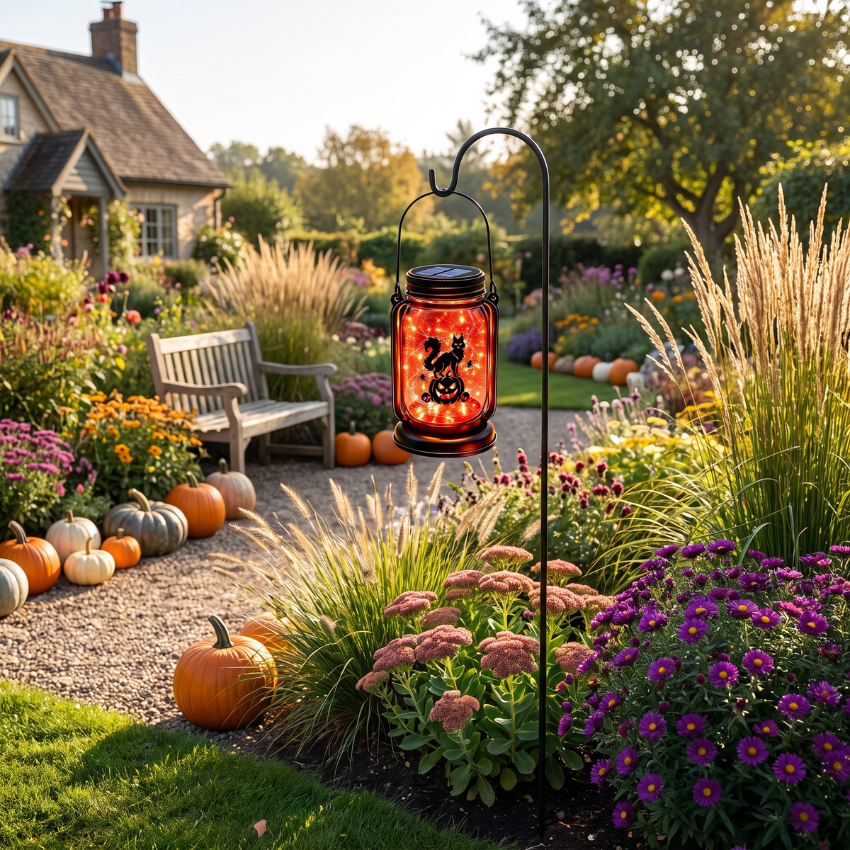 Fiaba Notturna cat pumpkin solar lantern hanging from a shepherd hook in an autumn garden
