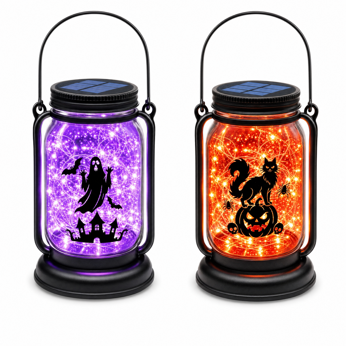 Fiaba Notturna Ghost & Cat Pumpkin solar mason jar lanterns on white