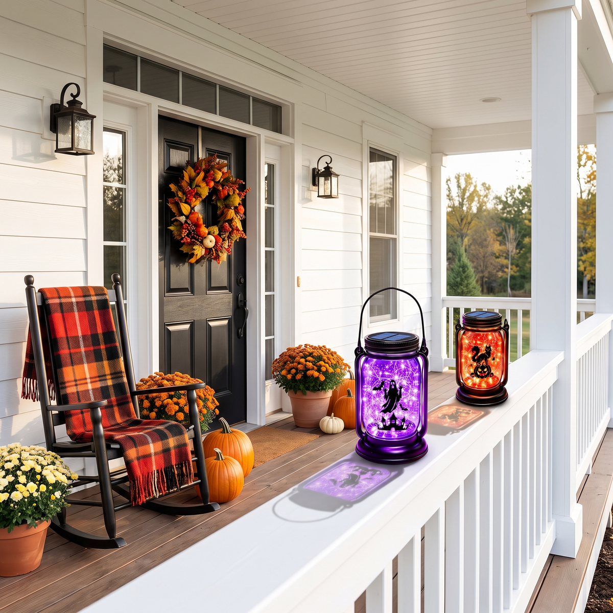 Fiaba Notturna solar mason jar lanterns on a white farmhouse porch railing