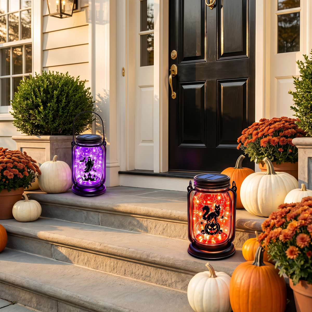 Fiaba Notturna ghost and cat pumpkin solar mason jar lanterns on front steps with pumpkins