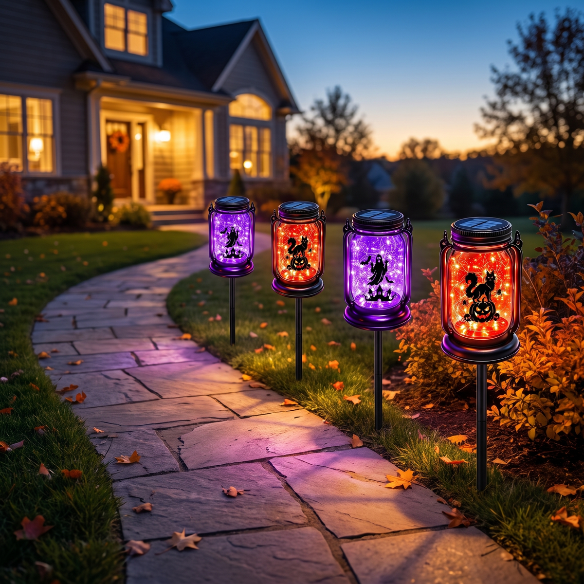 Fiaba Notturna solar lanterns staked along a garden path at twilight