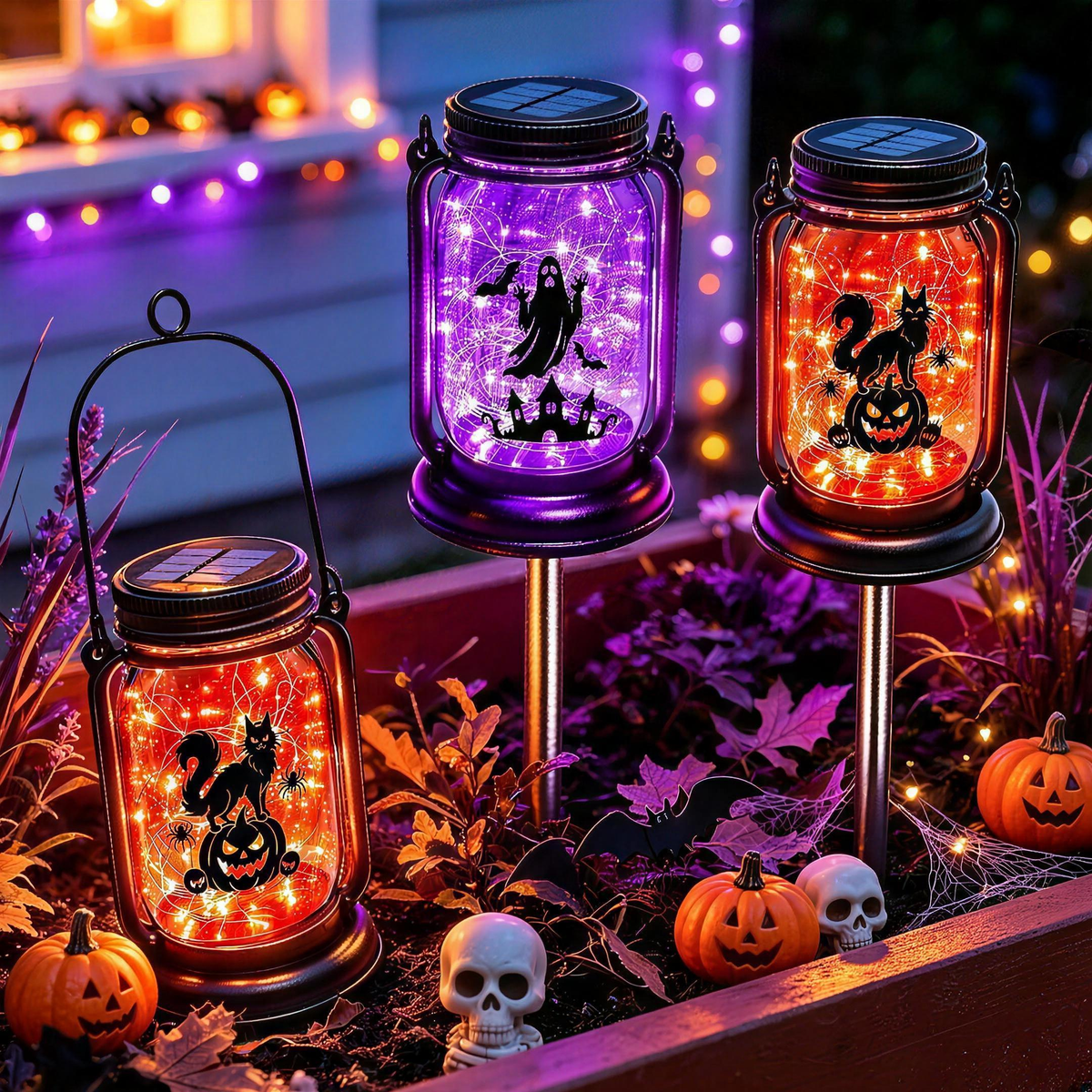 Fiaba Notturna solar lanterns staked and hanging in a Halloween flower bed
