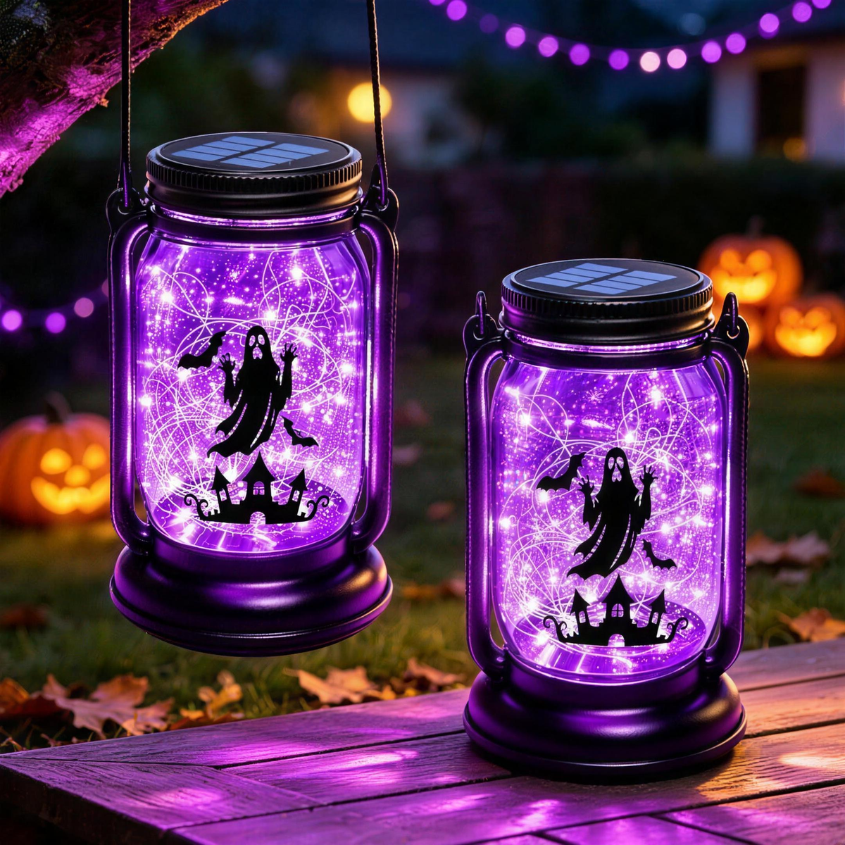Two Fiaba Notturna ghost solar lanterns glowing purple