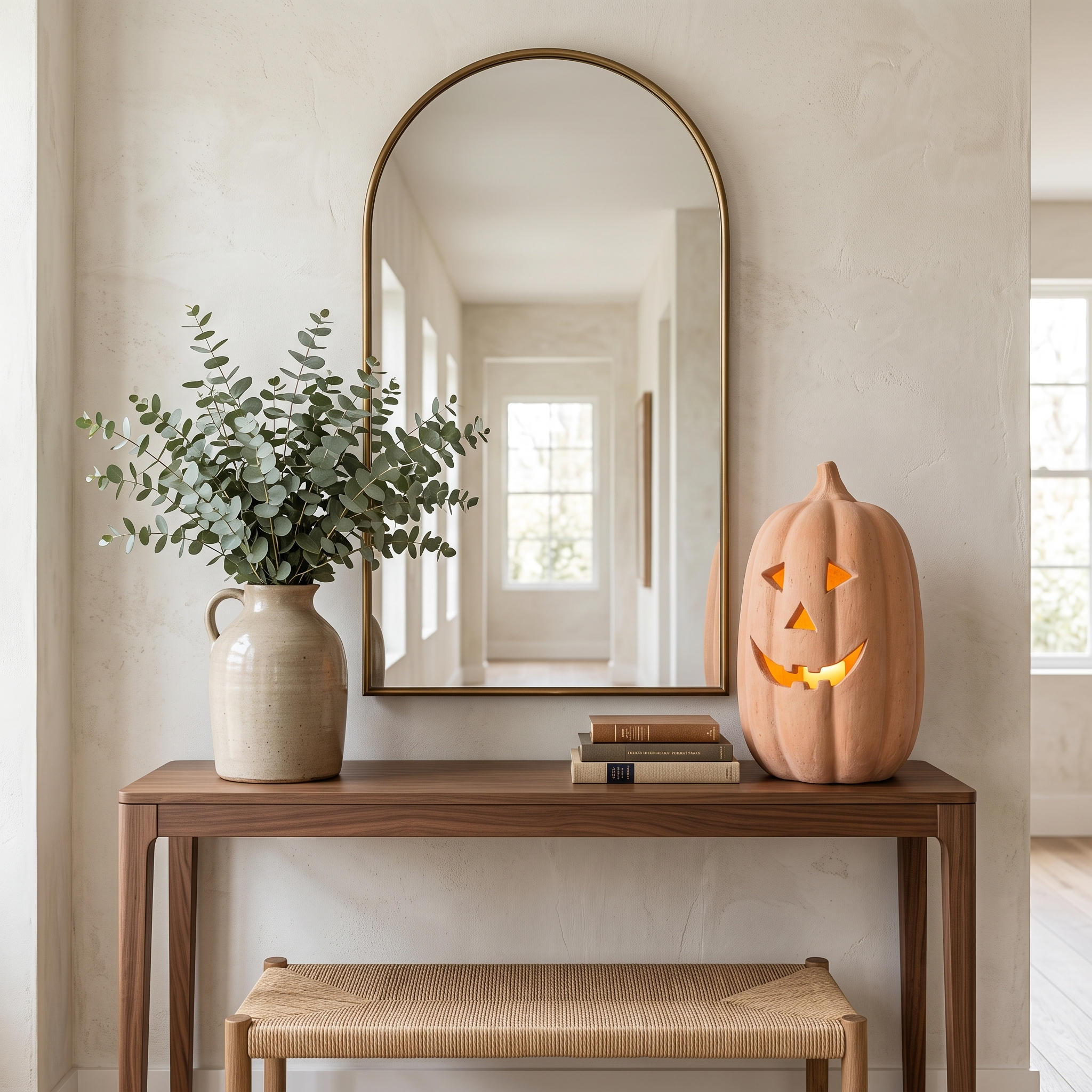 Zucca Toscana large terracotta pumpkin lantern on an entry console