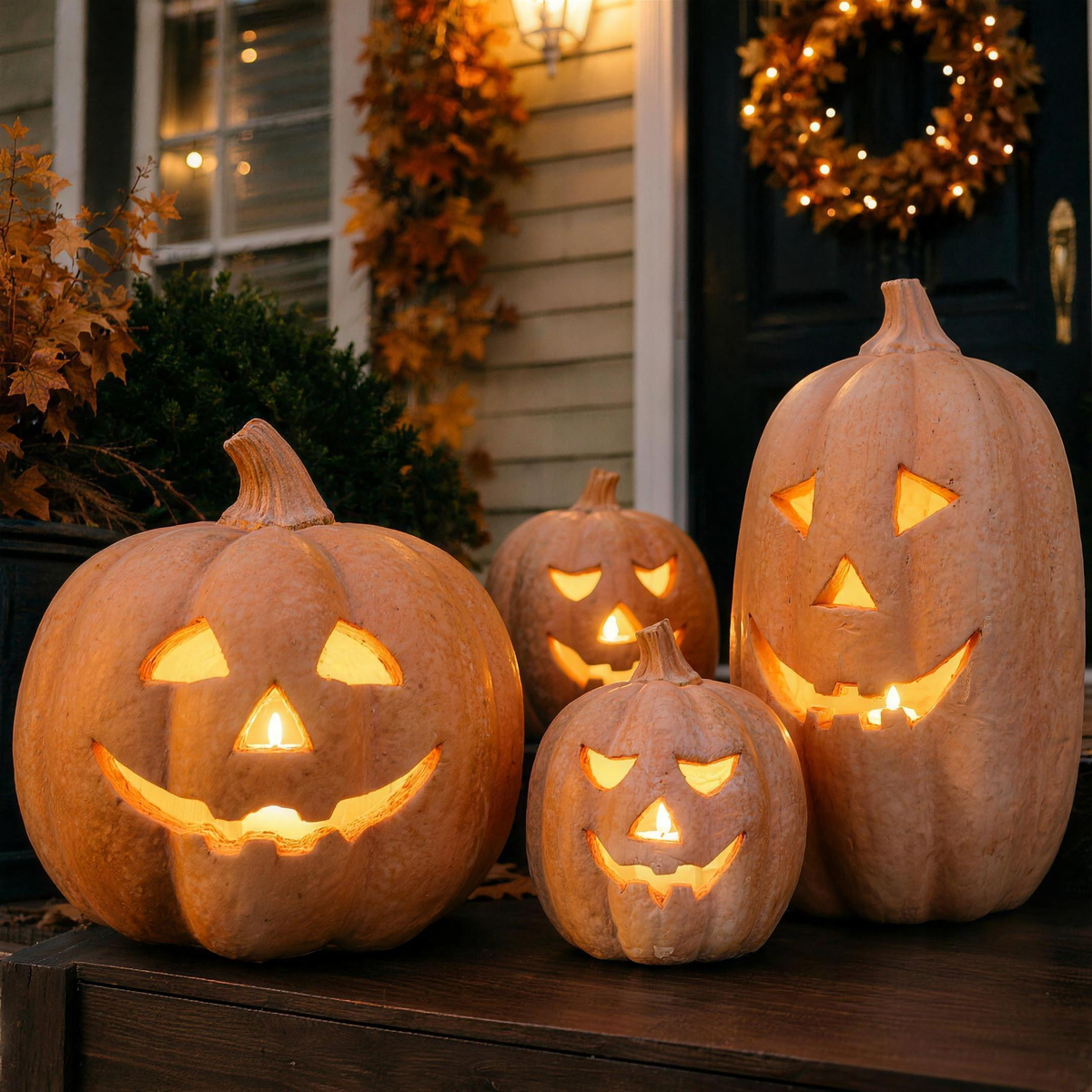 Zucca Toscana terracotta jack-o'-lanterns glowing on a front porch