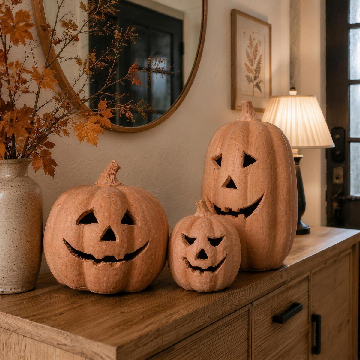 Zucca Toscana terracotta pumpkins on a sideboard in daylight