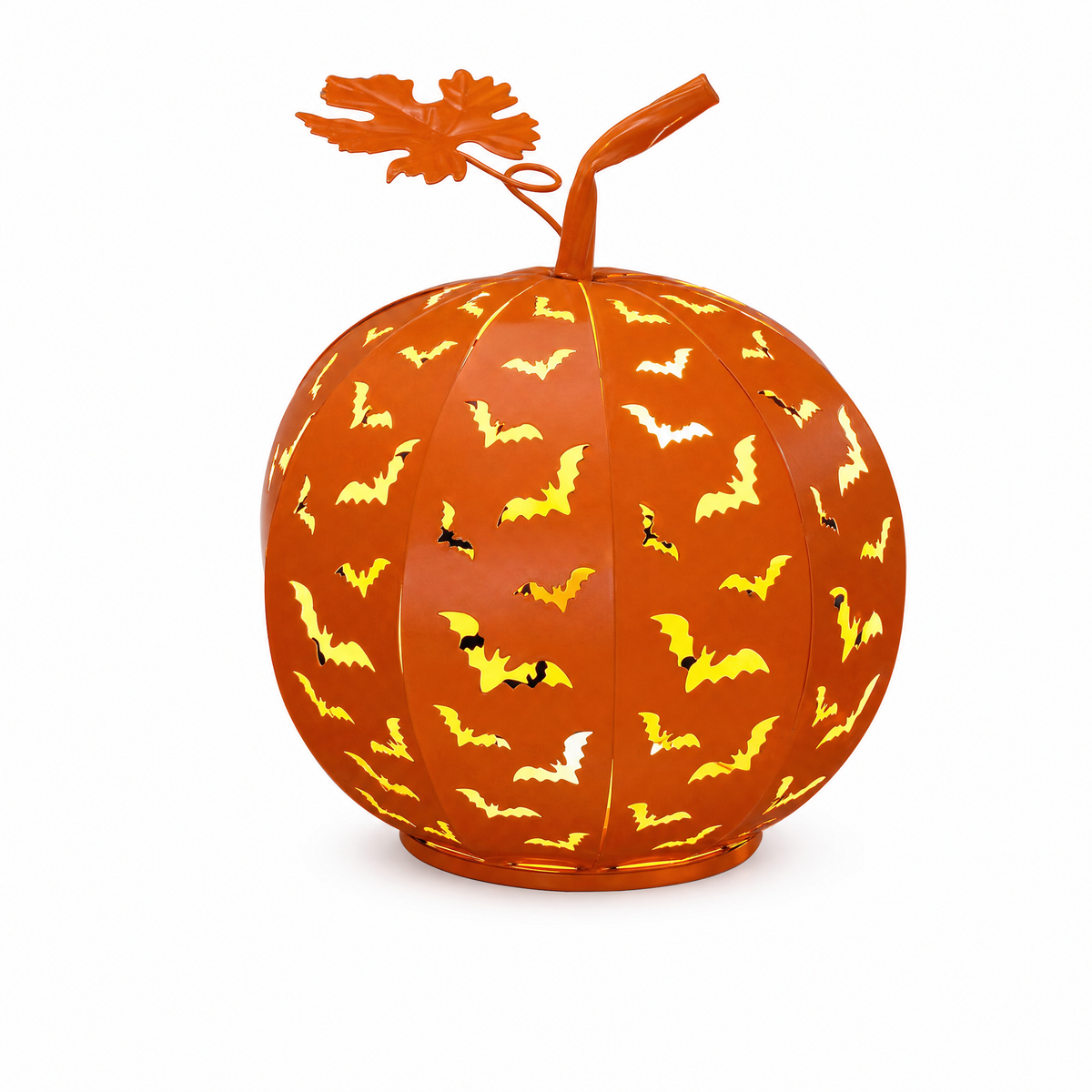 Volo Notturno orange metal bat pumpkin lantern glowing on white