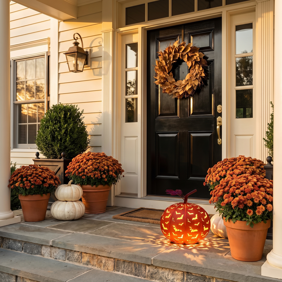 Volo Notturno bat pumpkin lantern on a front porch at golden hour