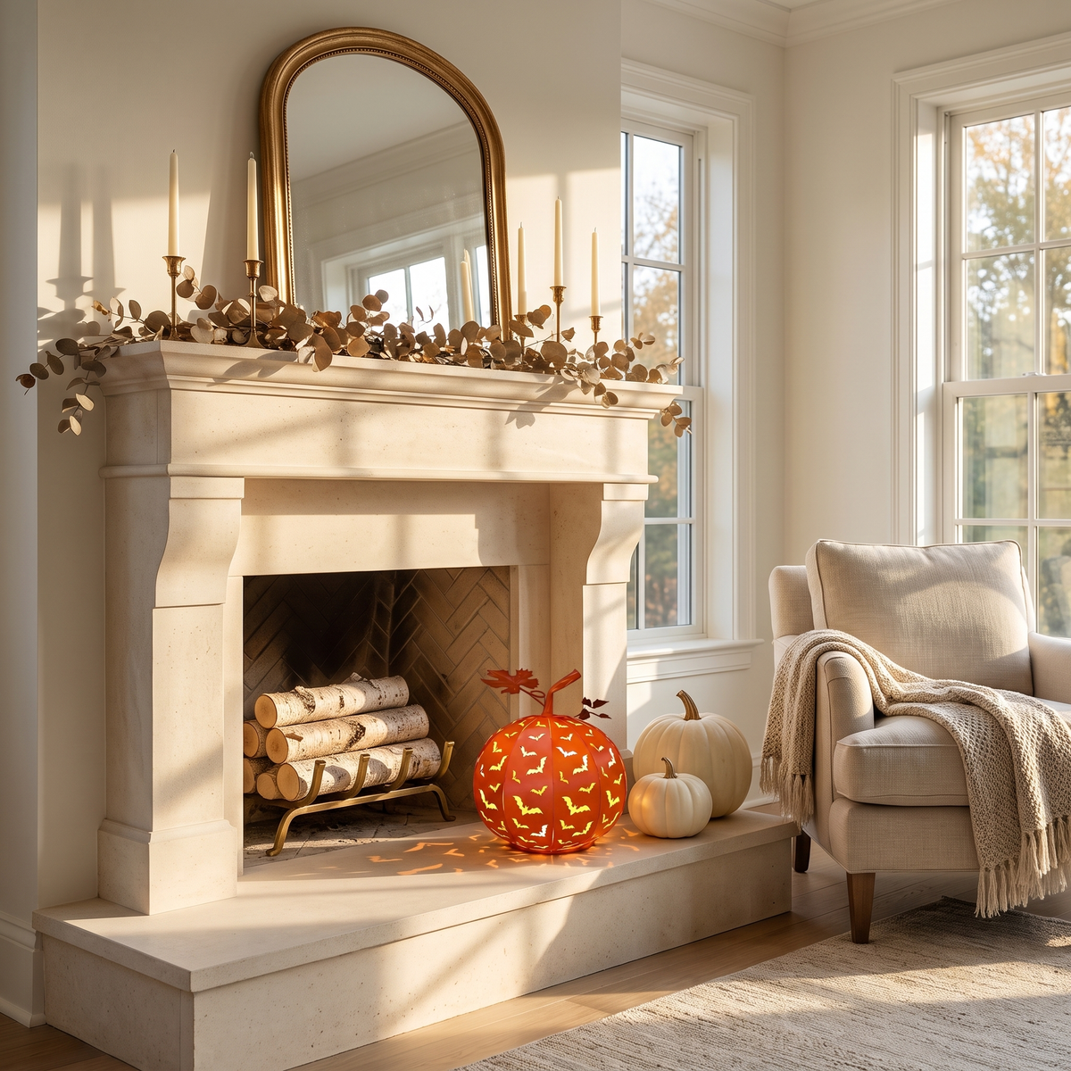 Volo Notturno pumpkin lantern on a limestone fireplace hearth