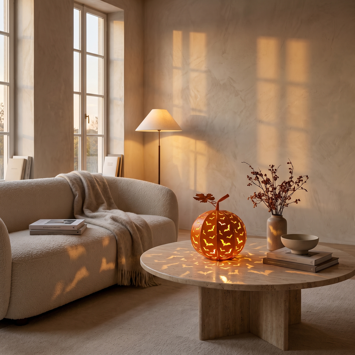 Volo Notturno pumpkin lantern casting glowing bats on a living-room wall
