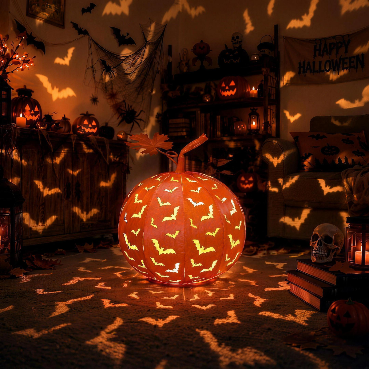 Volo Notturno pumpkin lantern filling a room with glowing bats