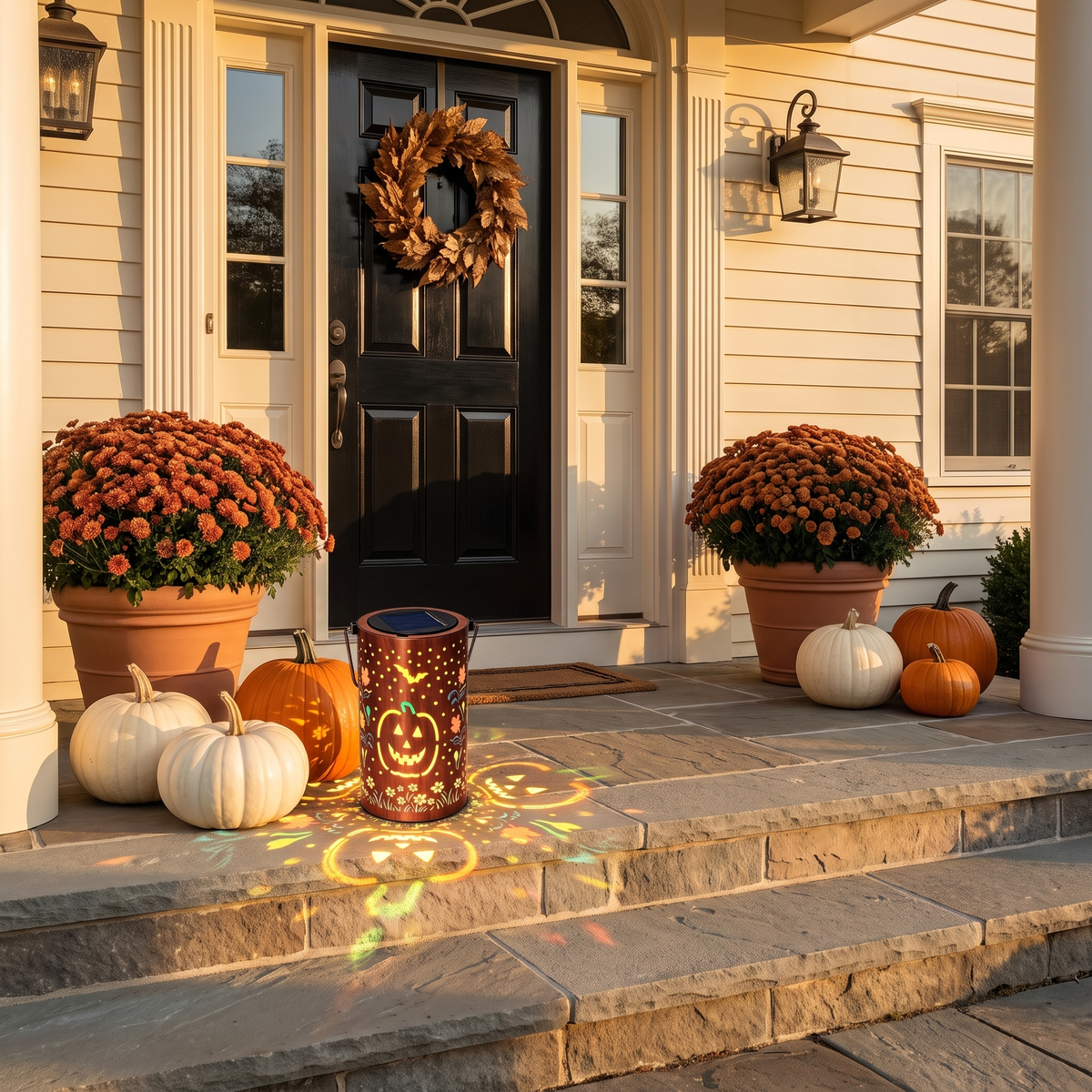 Rame Incantato solar pumpkin lantern on front steps with mums at golden hour